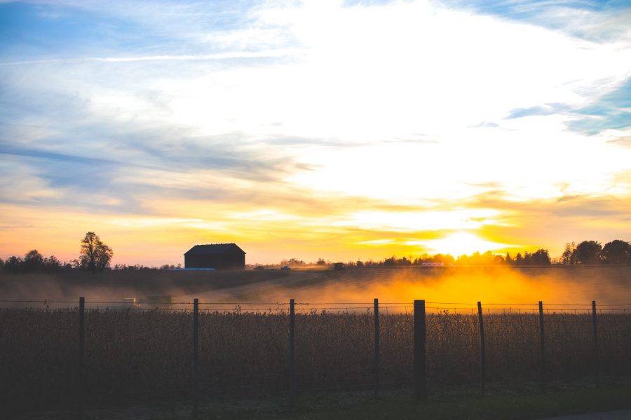 Sunset on fields with a barn in the distance.