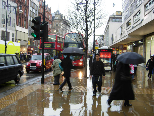 Raining and busy Oxford street 