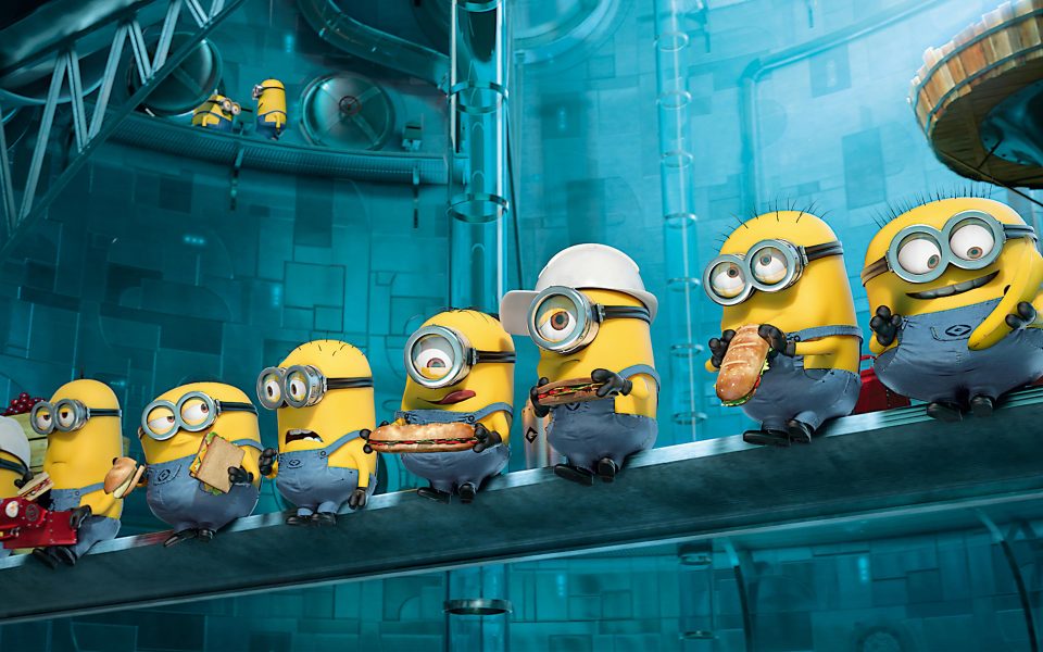 Minions sitting on a beam