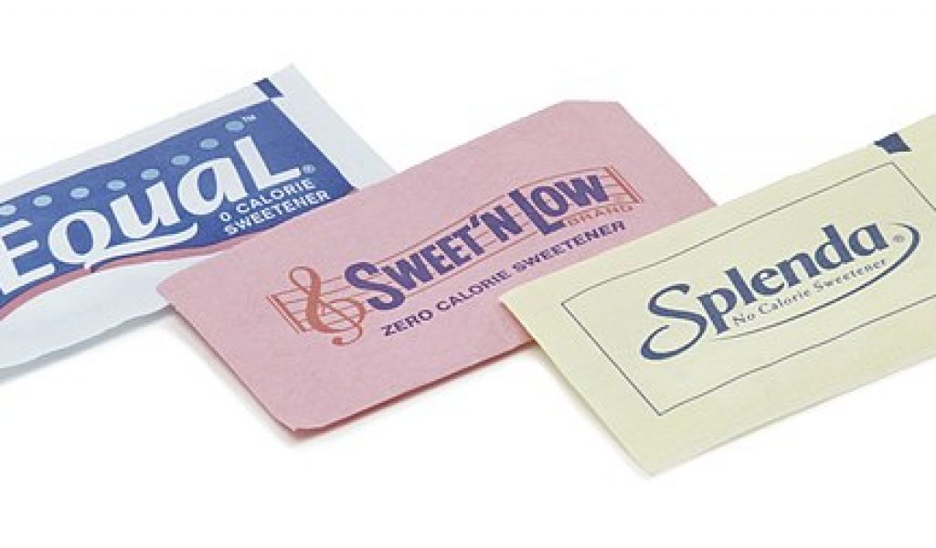A variety of no calorie/artifical sweetener packets from the United States, usually found in restaurants and eateries that serve hot coffee or tea. From left: Equal, Sweet n Low and Splenda
